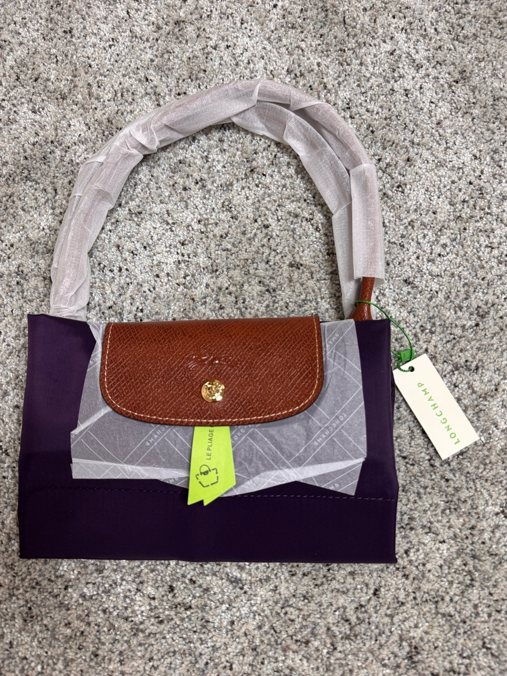 Longchamp Le Pliage Small Purple Tote Brown Leather Top Handle Zip Snap purse